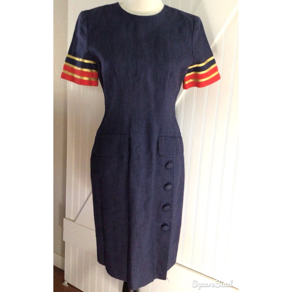 VTG 90s Cynthia Howie Maggy Boutique 100% Ramie Navy Blue Sheath Dress Size 4
